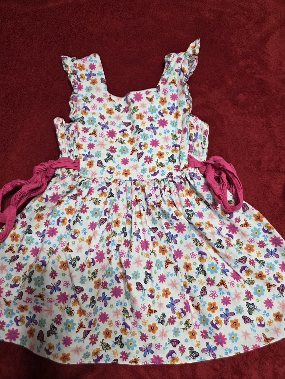 Girls White Butterfly & Flower Cotton Top with Pink Sashes